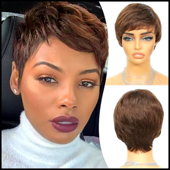 Pixie Cut Wig Straight Glueless Human Hair Synthetic Modern Fashion main image 6